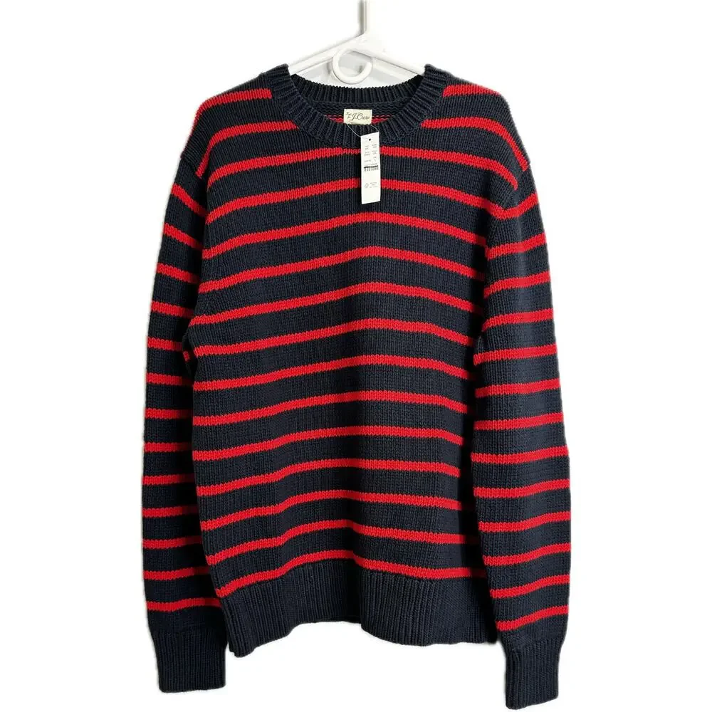 J.Crew Fisherman Knit Preppy Crewneck Darkest Indigo Navy Red Stripe Sweater L